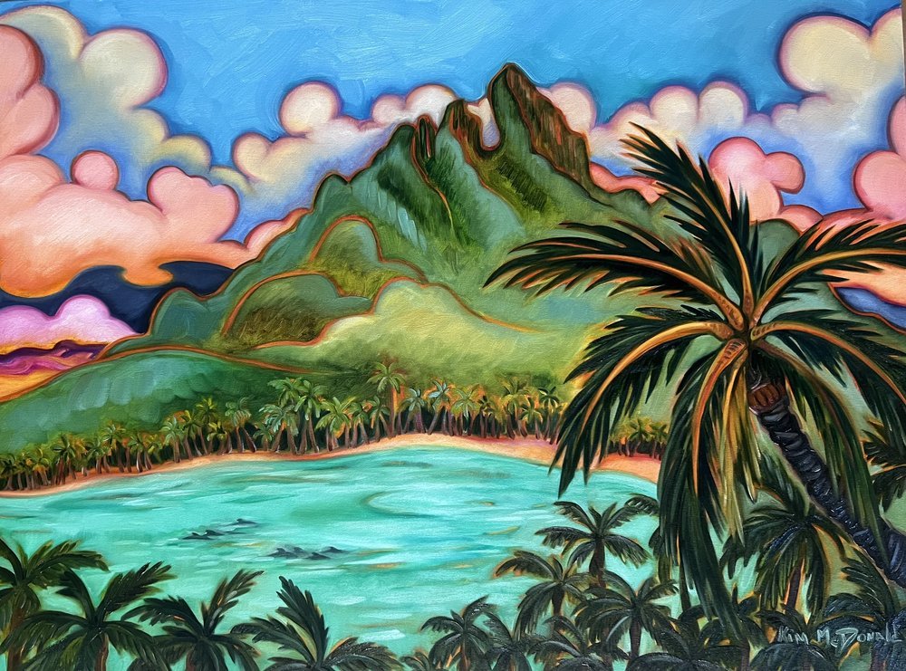 Tropical landscape with palm trees, mountains, and a blue sky with pink clouds.
