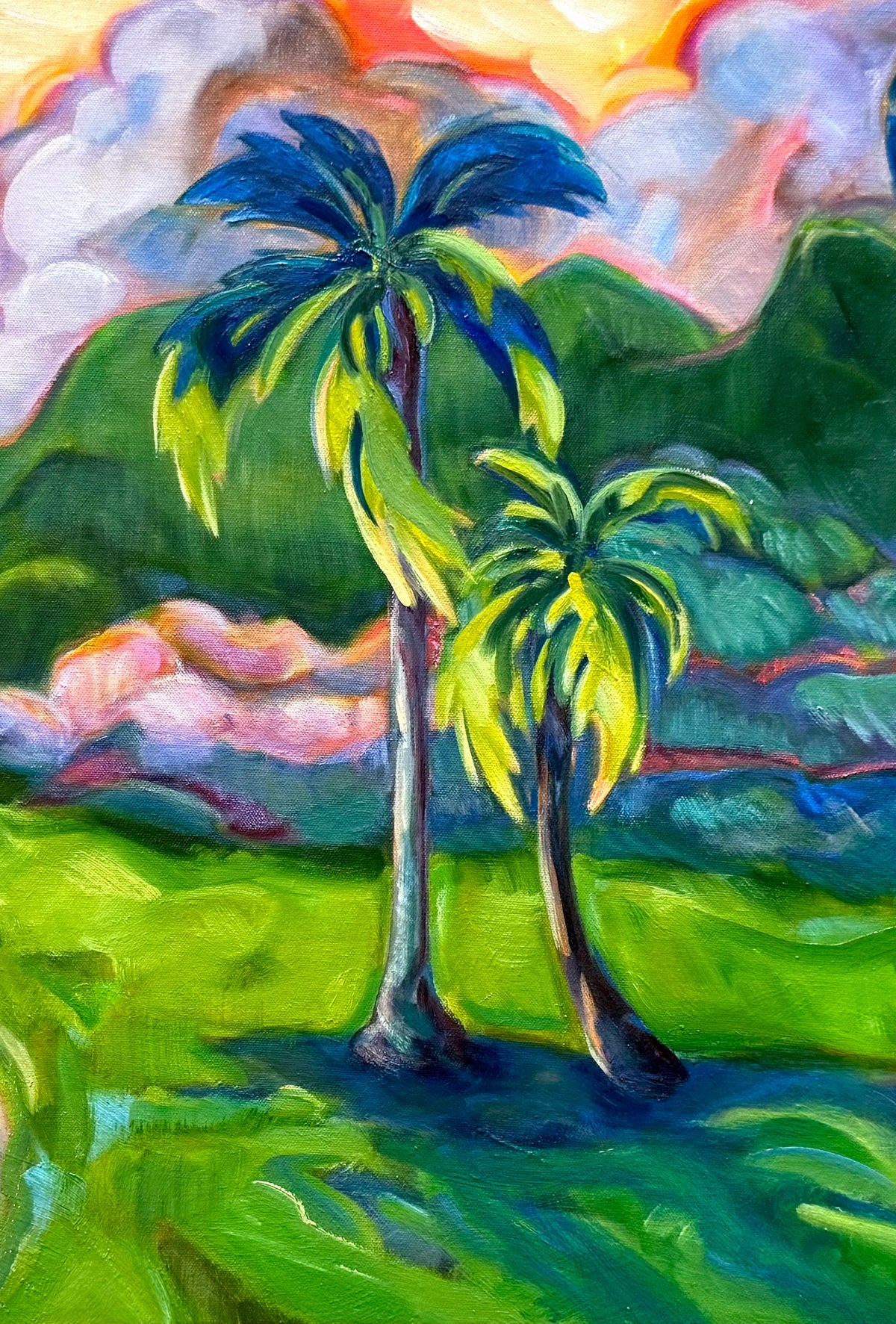 A colorful painted tropical landscape featuring two palm trees in bright green and blue tones, with rolling green hills, pink clouds, and a glowing orange sky.