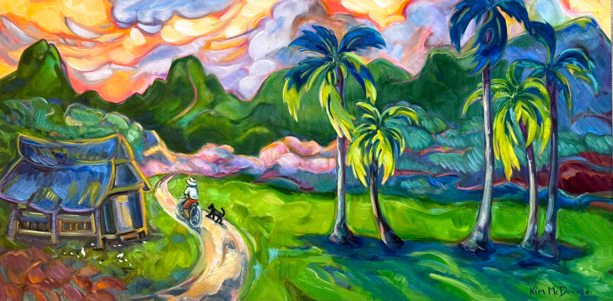 A colorful landscape painting featuring a small hut, a winding path with a cyclist and dog, tall palm trees, green hills, and a dramatic orange, yellow, and blue sky.