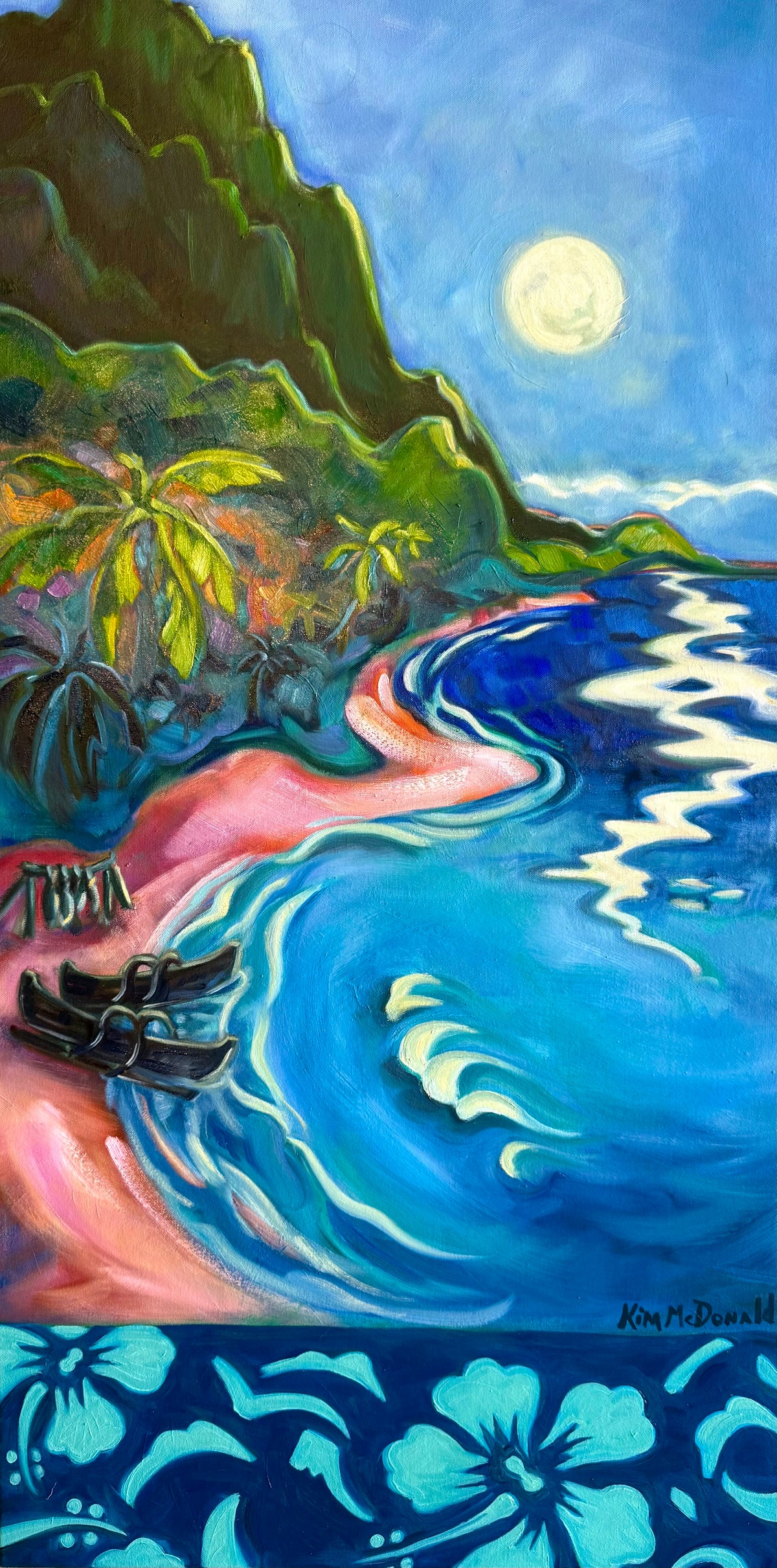 A colorful painted tropical beach scene with blue ocean water, pink sand, green palm trees, dark green mountains, a bright full moon, and a dark blue hibiscus floral border along the bottom.