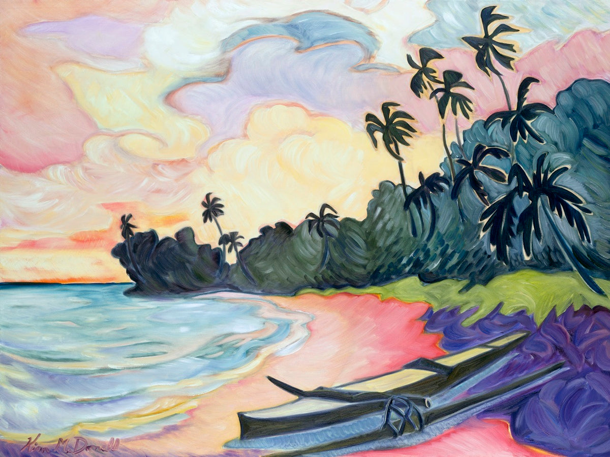 Tropical beach scene with palm trees, a boat, and colorful sky.