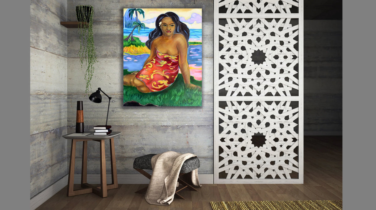 A colorful painting of a woman in a tropical beach setting, displayed on a gray concrete-textured wall in a modern room with a white decorative screen, a small wooden side table, and a bench.