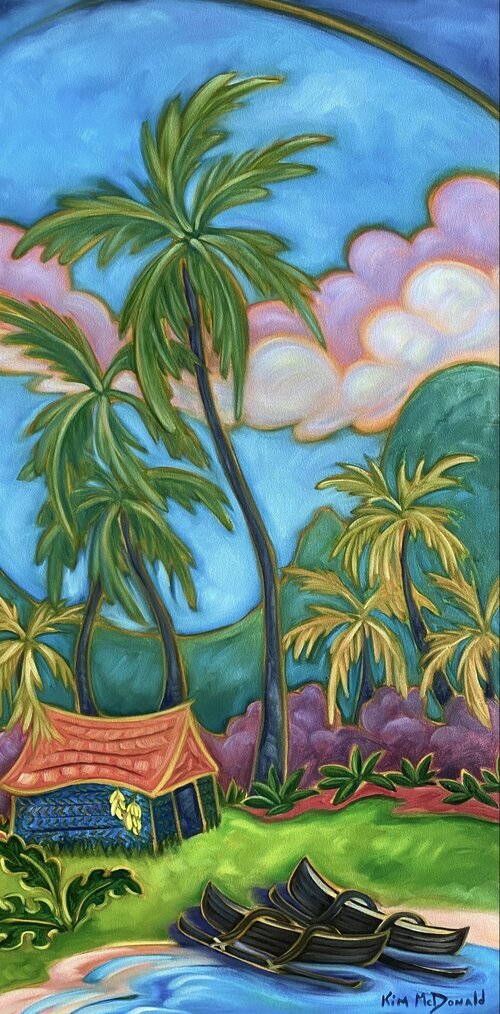 Tropical scene with palm trees, a hut, and boats on a colorful background