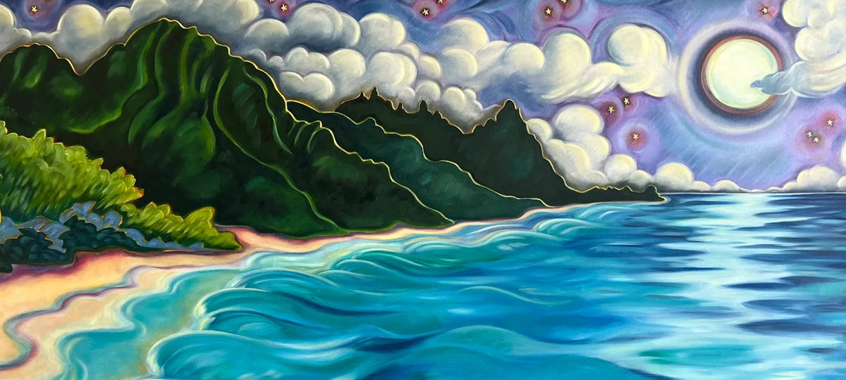 A colorful landscape painting of a tropical beach with green mountains, blue ocean waves, white clouds, and a glowing moon in a purple sky.