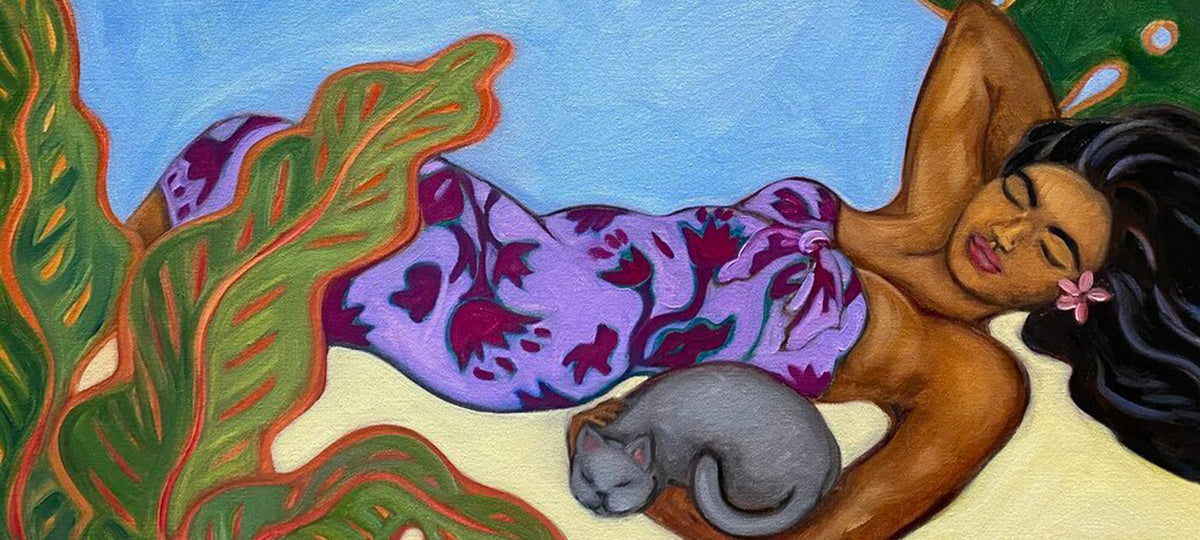 A colorful painted scene showing a reclining woman with dark hair and a gray cat on a light beige surface under a blue sky, with large green tropical leaves along the left side.