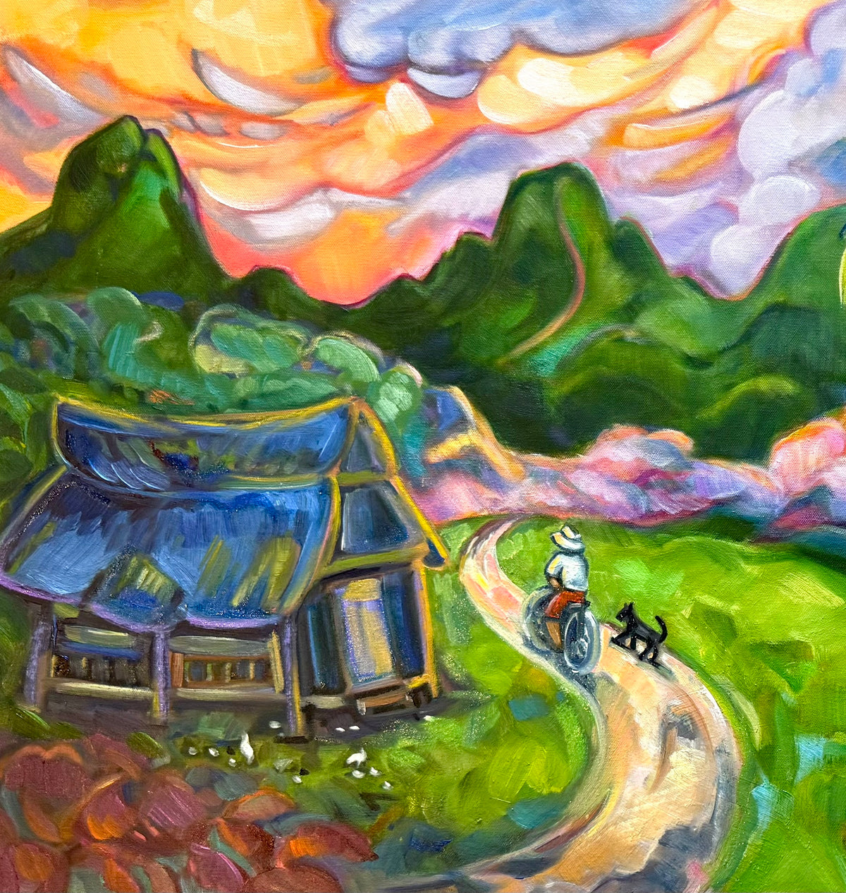 Vibrant landscape painting featuring a rustic blue-roofed house, a person riding a bicycle on a winding path, and a black dog, set against green hills and a dramatic orange, yellow, and purple sky.