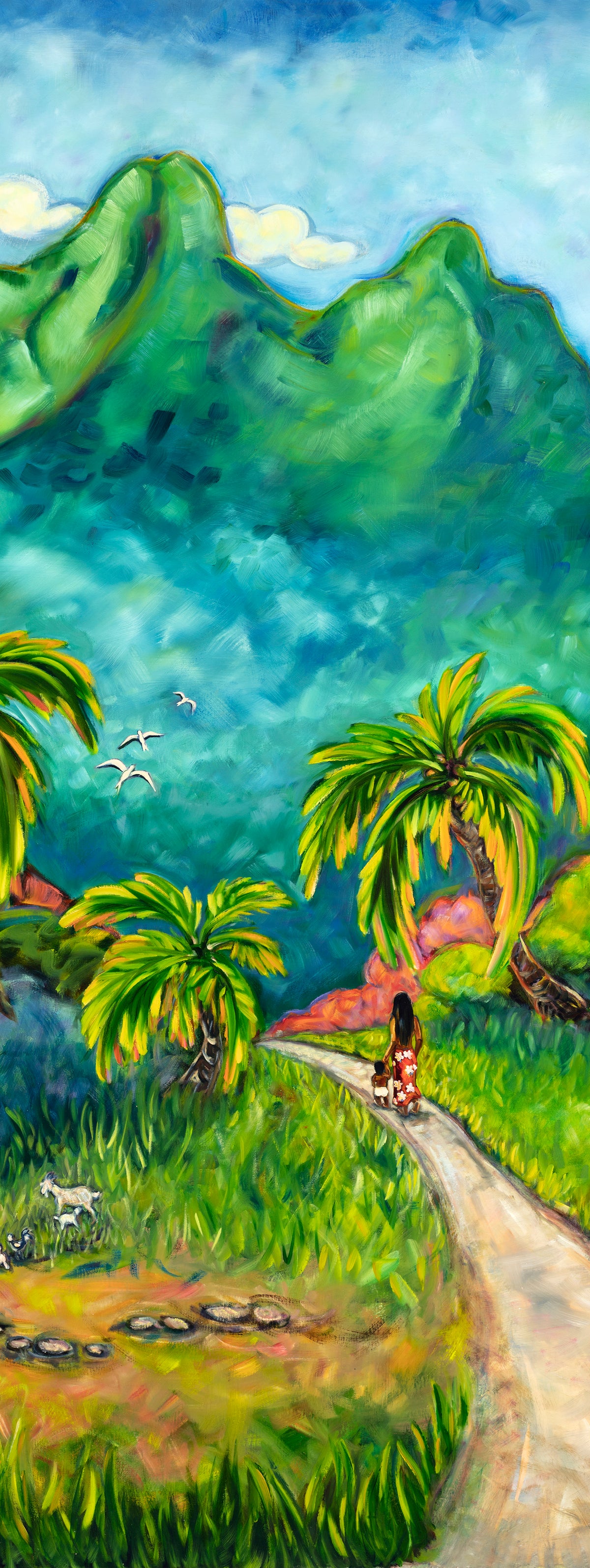Painting of a tropical landscape with mountains, palm trees, and a person walking on a path.