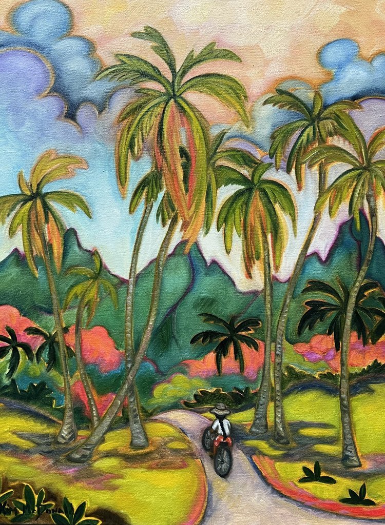 Colorful painting of a tropical landscape with palm trees and a cyclist.